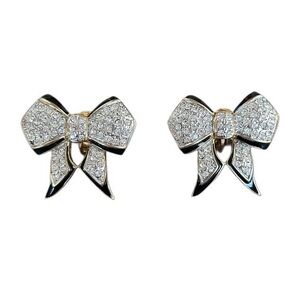 Vintage Signed CAROLEE Black Enamel Rhinestone Bow Earrings